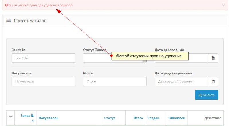 Запрет действий пользователей админки 2.3